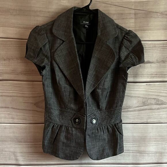 BWear Charcoal Gray Academia Puff Sleeves Cropped Button Front Blazer Size S - Picture 2 of 12